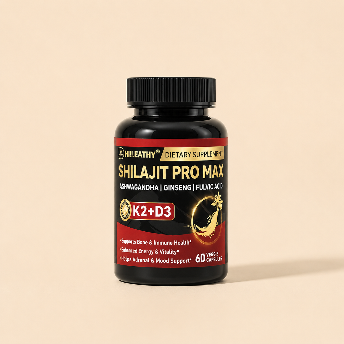Shilajit Pro Max 60 Cápsulas | Ashwagandha, Ginseng y Ácido Fúlvico + K2 D3 — HiiLEATHY
