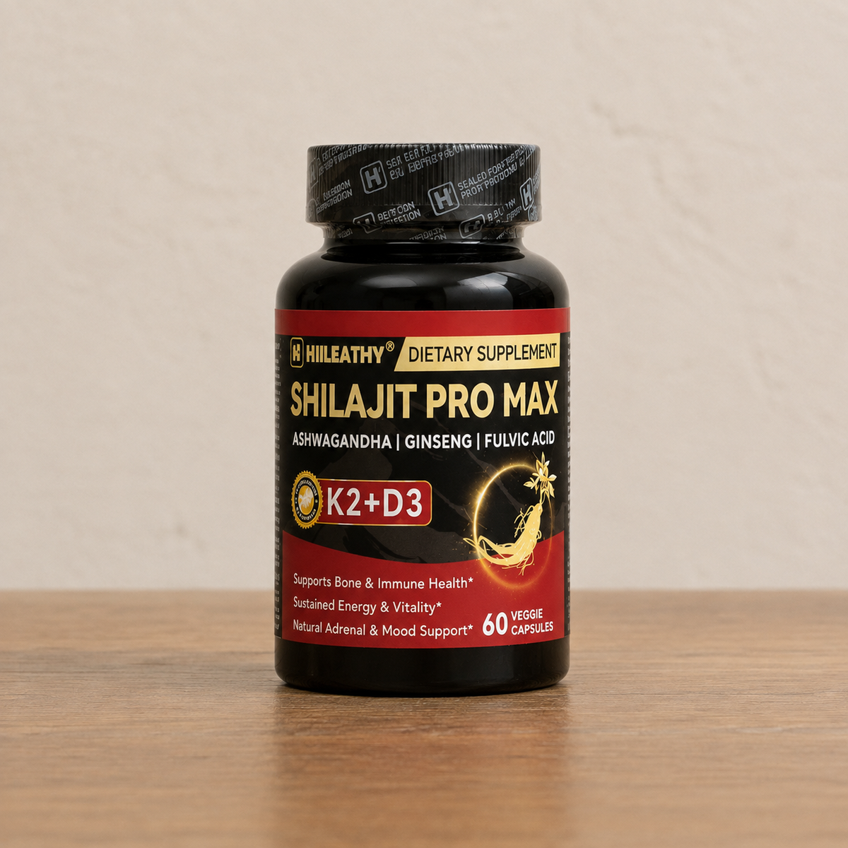 Shilajit Pro Max 60 Cápsulas | Ashwagandha, Ginseng y Ácido Fúlvico + K2 D3 — HiiLEATHY