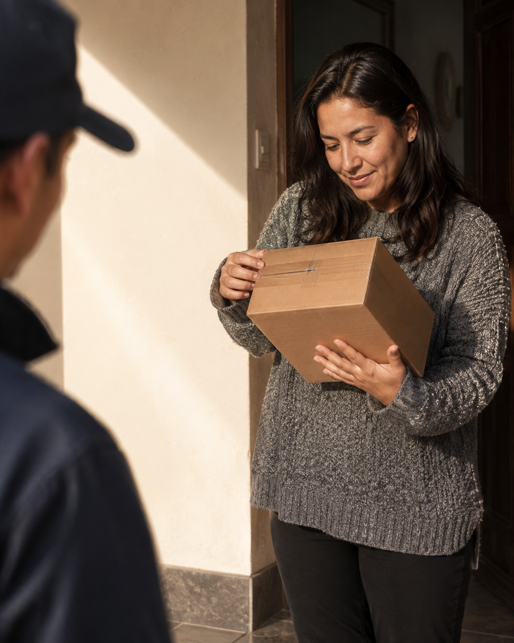 Clienta recibiendo su pedido de Mercado 66 en la puerta de su casa, pago contra entrega